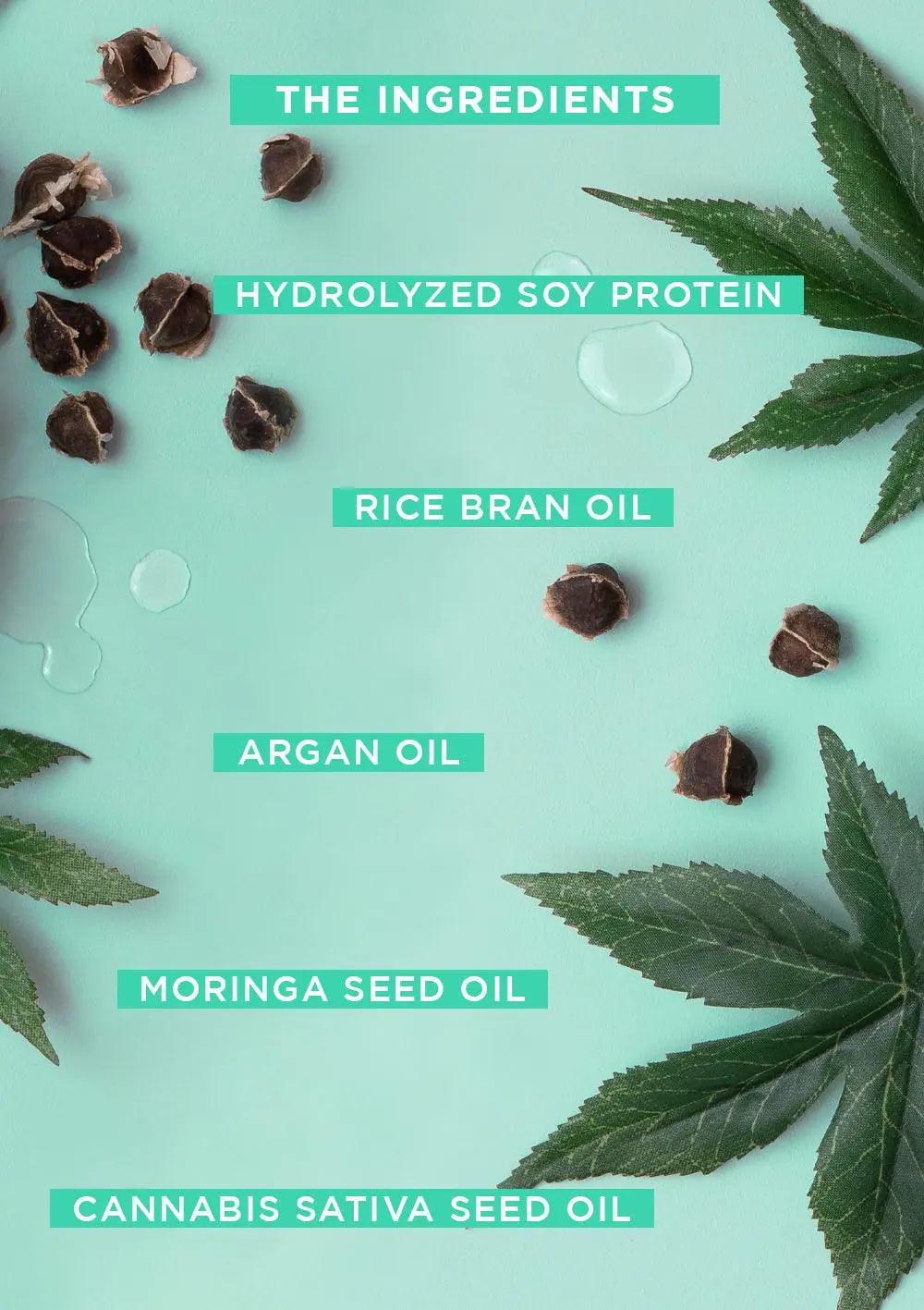 Image showing natural ingredients of hair product: Hydrolyzed Soy Protein, Rice Bran Oil, Argan Oil, Moringa Seed Oil, Cannabis Sativa Seed Oil.