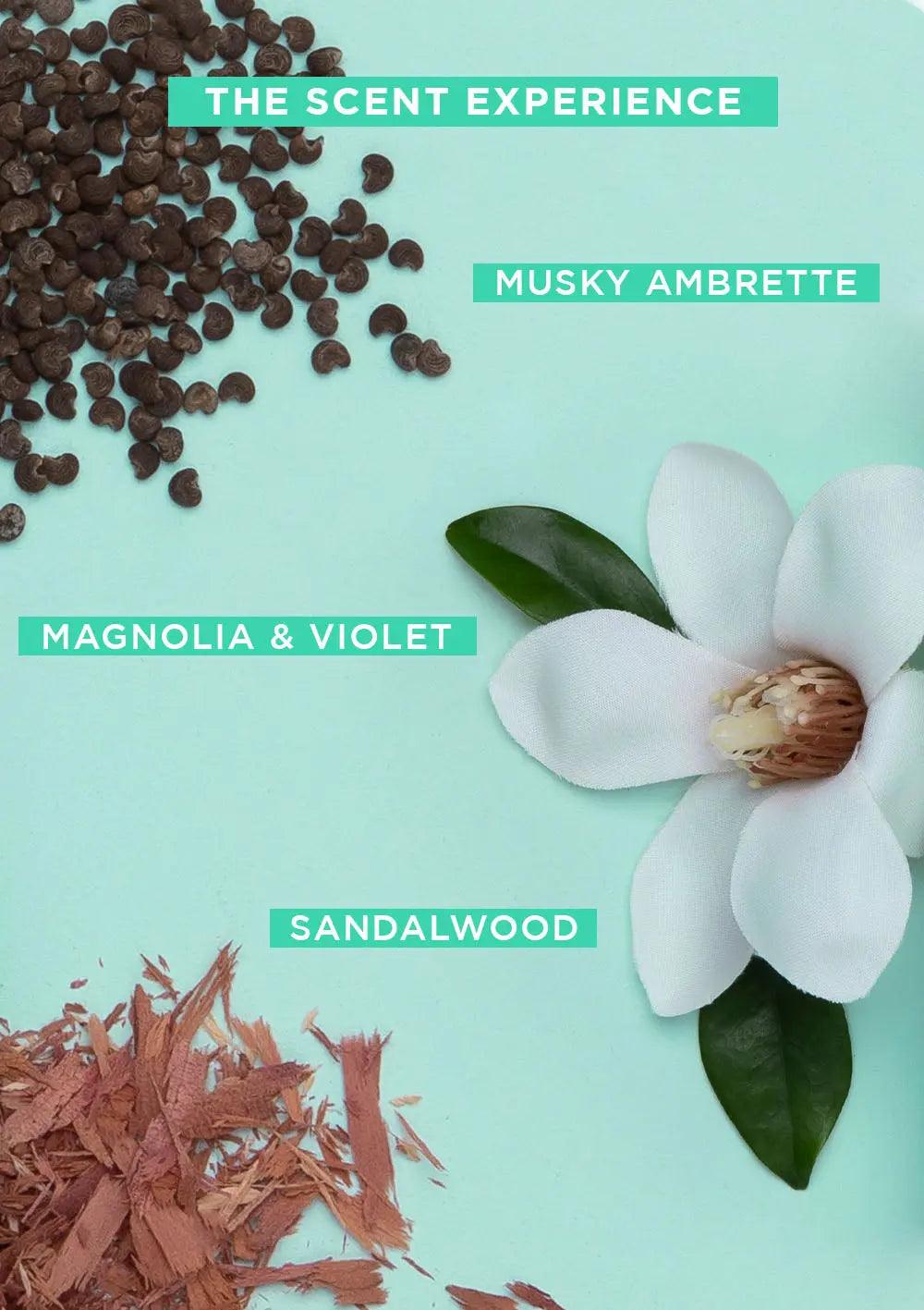 Natural scent ingredients: musky ambrette seeds, magnolia & violet flower, and sandalwood shavings on a light green background.