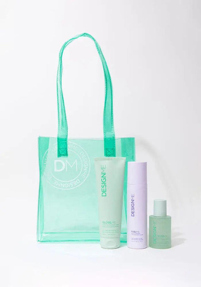 GLOSS.ME Hydration Glow & Go Kit with hydrating mask, leave-in treatment, and serum in green tote bag for vibrant, silky hair