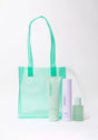 GLOSS.ME Hydration Glow & Go Kit with hydrating mask, leave-in treatment, and serum in green tote bag for vibrant, silky hair