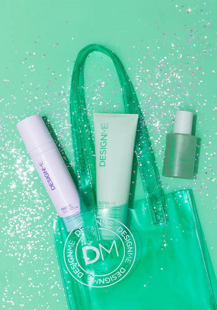 Alt Tag: GLOSS.ME Hydration Glow & Go Kit with hydrating mask, hair serum, and leave-in treatment on a green glittery background.