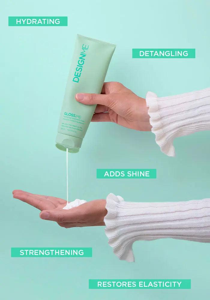 Alt Tag: Person pouring GLOSS.ME hydrating hair treatment into hand, highlighting benefits like hydrating, detangling, and adding shine.