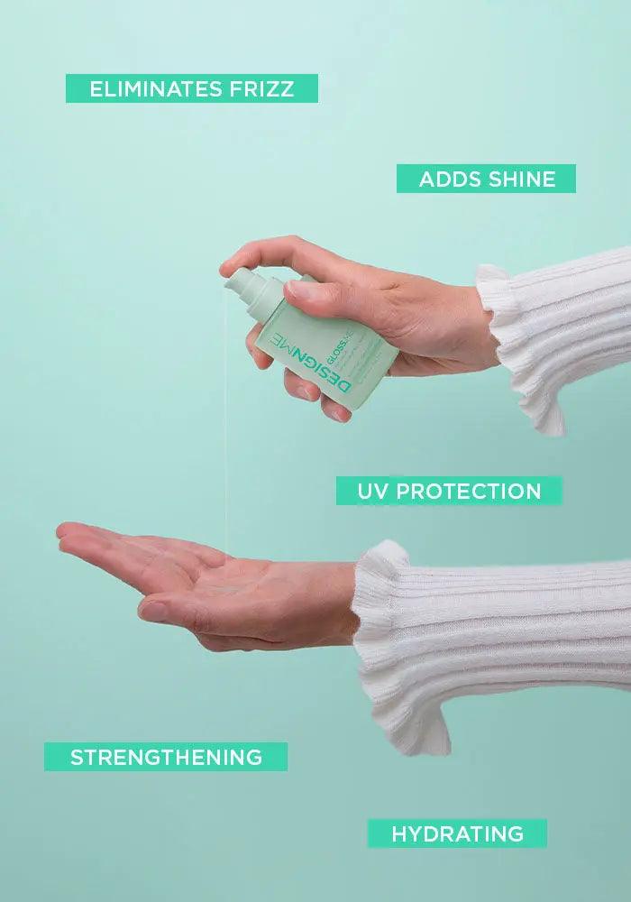 Applying hair serum for frizz elimination, added shine, UV protection, strengthening, and hydrating benefits.