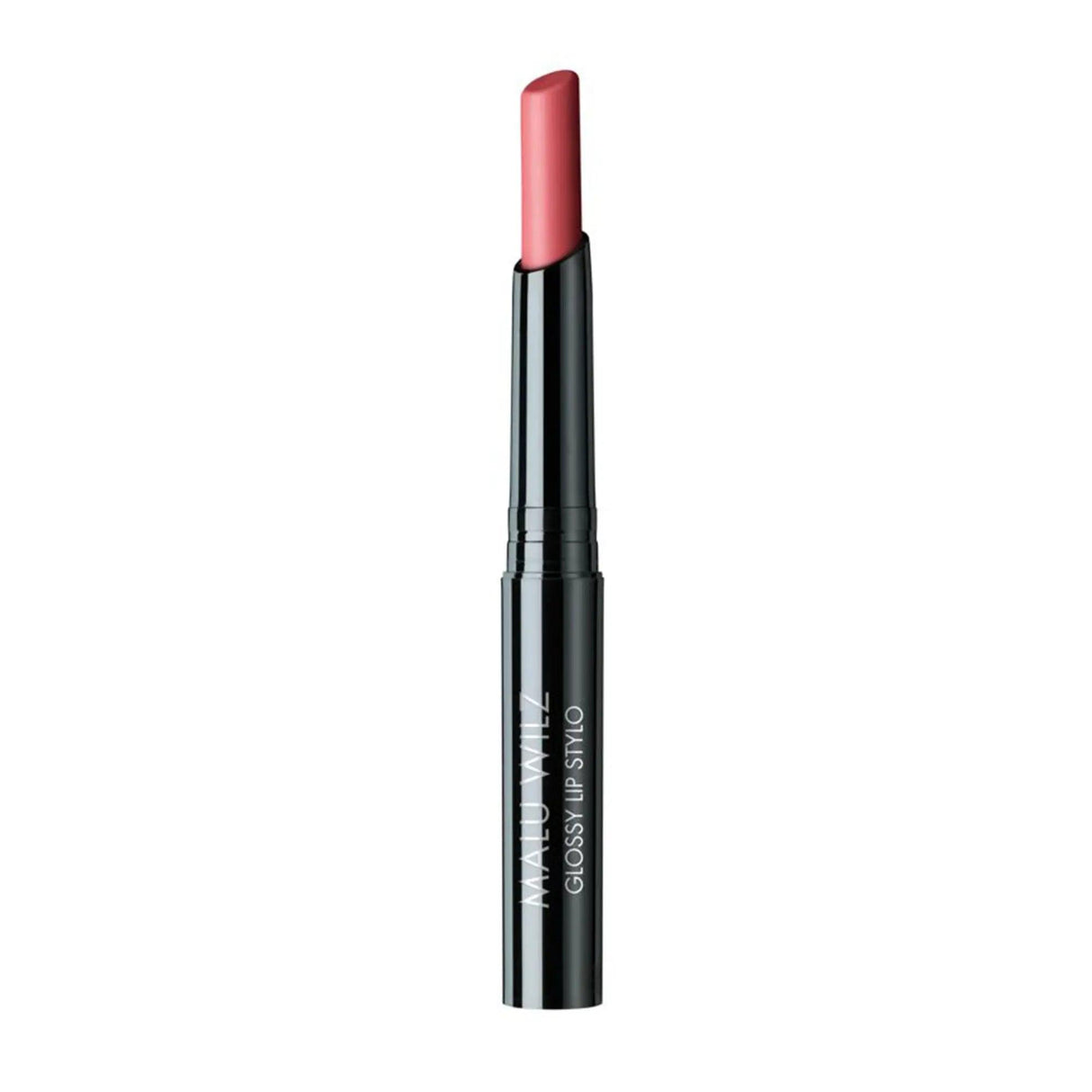 Malu Wilz Glossy Lip Stylo in pink shade, 1.2gr tube. Combines balm, lipstick, and gloss for hydrated, high-shine lips.