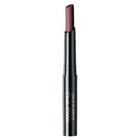 Malu Wilz Glossy Lip Stylo in black tube, offers high-shine color and hydration, combining lip balm, lipstick, and gloss benefits.