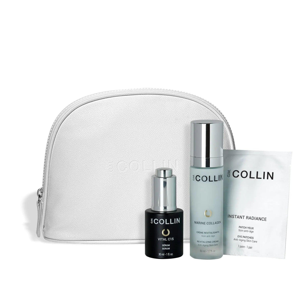 Glow-rious Beauty gift set with Vital C15 Serum, Marine Collagen Cream, and Instant Radiance pack, displayed with a white pouch.