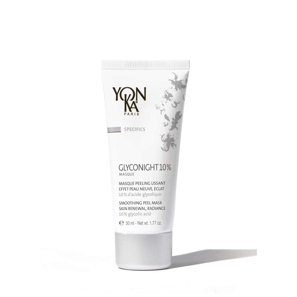 Yon-Ka Glyconight 10% Masque tube, nighttime exfoliating treatment for all skin types, enhances texture and radiance.