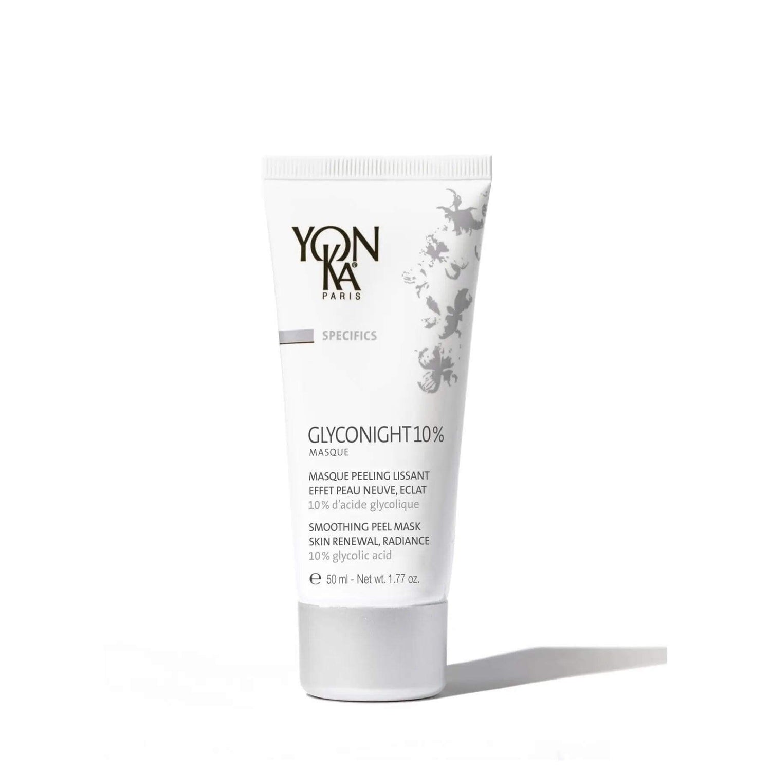 Yon-Ka Glyconight 10% Masque tube, nighttime exfoliating treatment for all skin types, enhances texture and radiance.