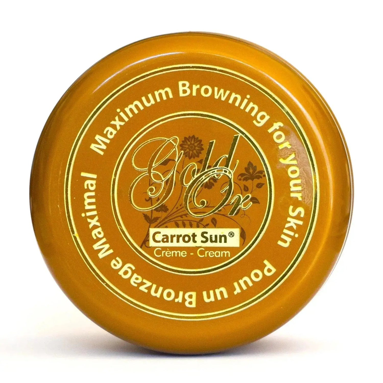 Gold Cream by Carrot Sun in a 350ml container, designed for tan acceleration, featuring L-Tyrosine and moisturizing almond oil.