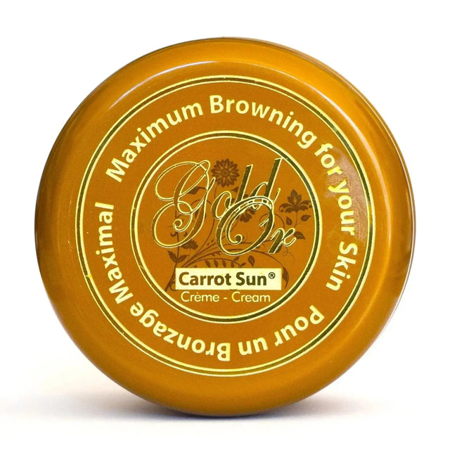 Gold Cream by Carrot Sun in a 350ml container, designed for tan acceleration, featuring L-Tyrosine and moisturizing almond oil.