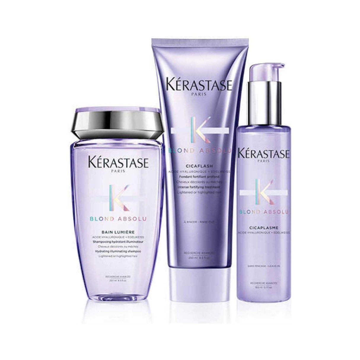 Kérastase Blond Absolu Golden Blonde Hair Set for vibrant, bleached, and gray hair care with Bain Lumière, Cicaplasme, and Cicaflash.