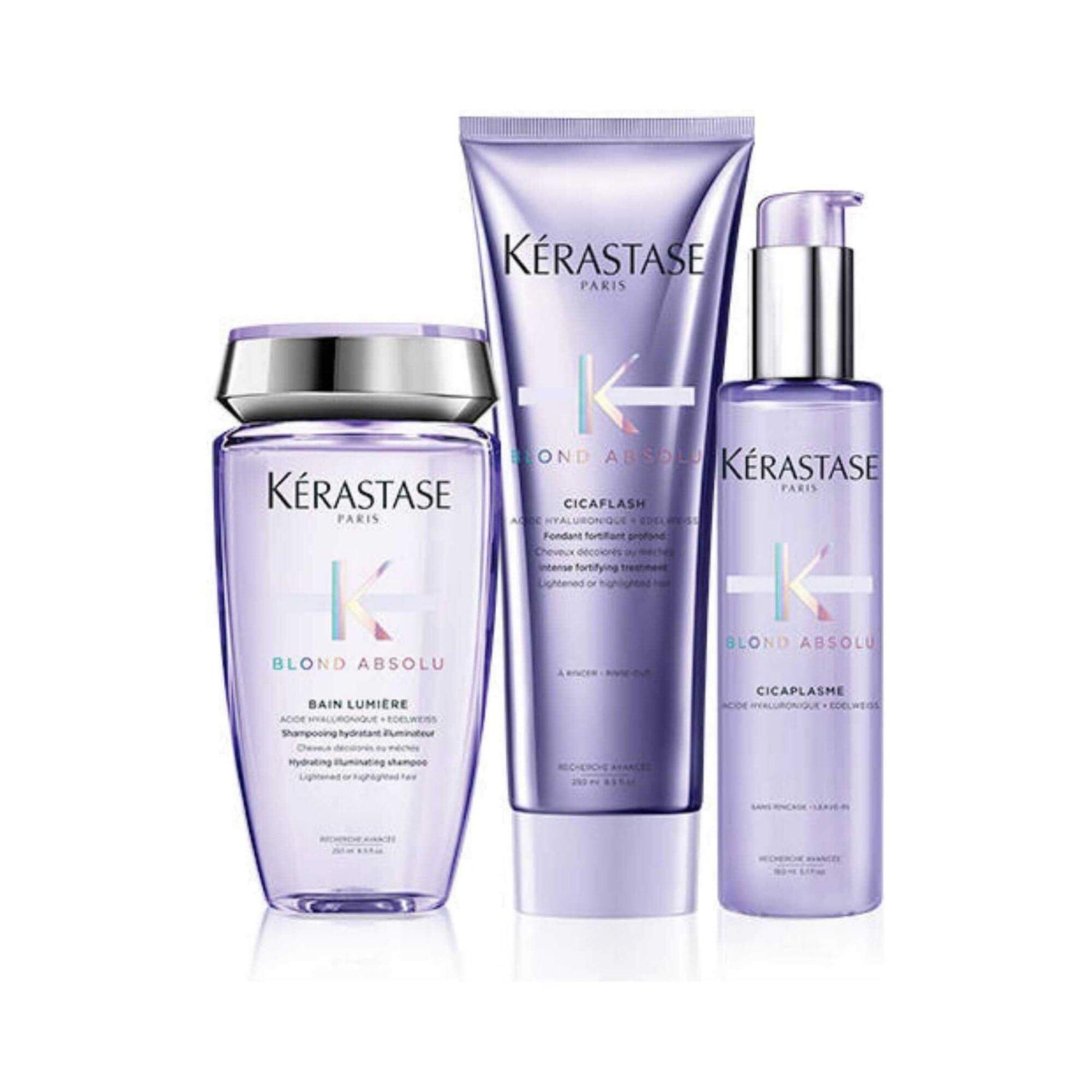 Kérastase Blond Absolu Golden Blonde Hair Set for vibrant, bleached, and gray hair care with Bain Lumière, Cicaplasme, and Cicaflash.