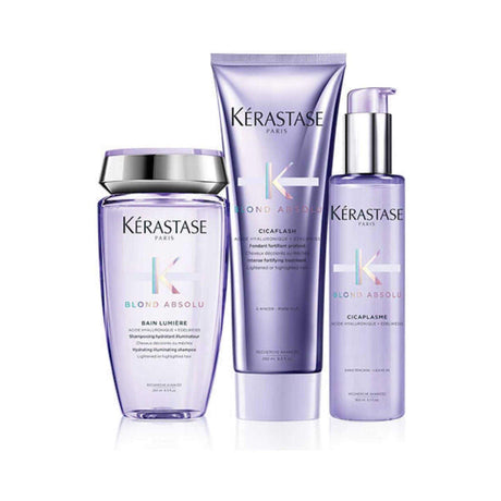 Kérastase Blond Absolu Golden Blonde Hair Set for vibrant, bleached, and gray hair care with Bain Lumière, Cicaplasme, and Cicaflash.