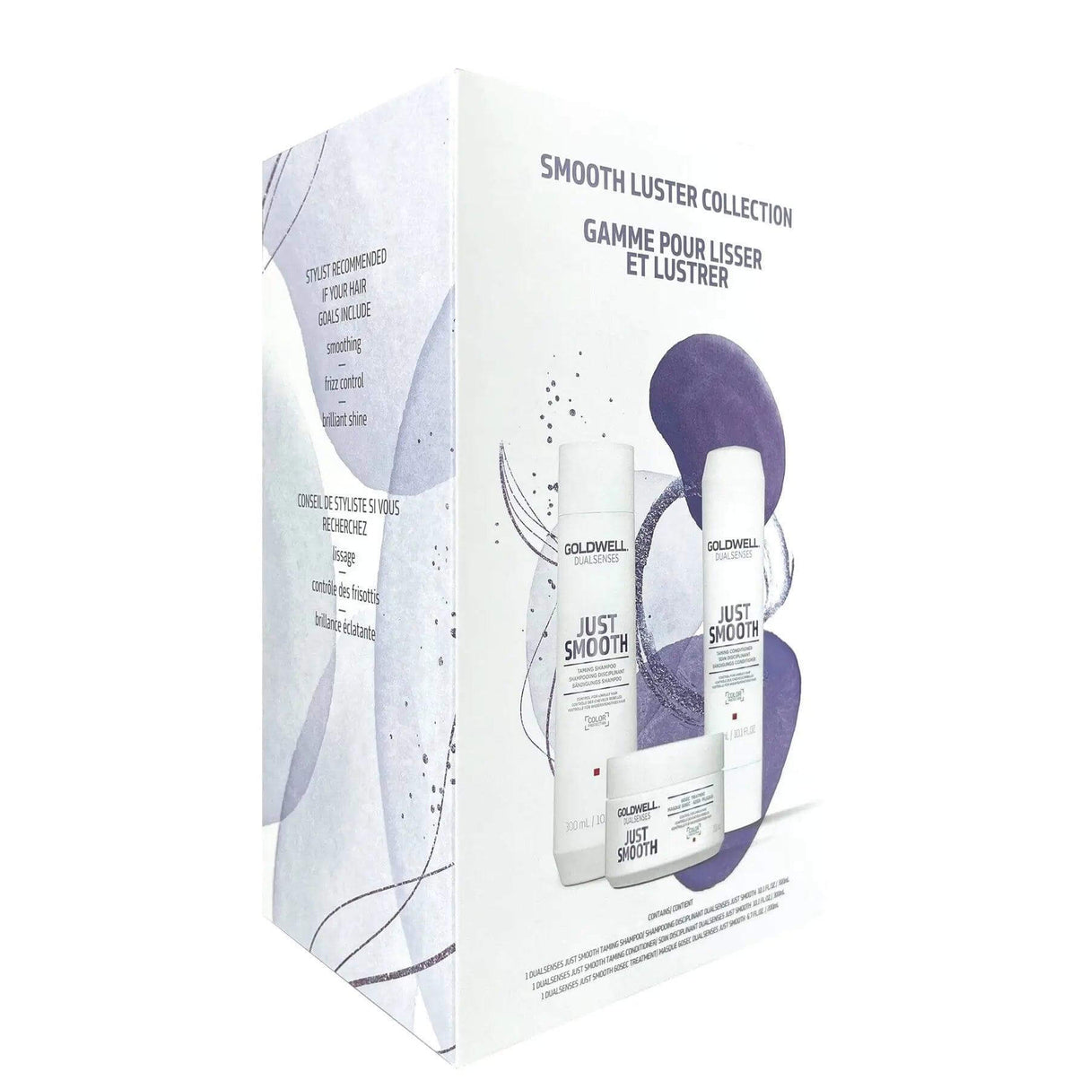 Goldwell Dualsenses Just Smooth Holiday Trio box with shampoo and conditioner for frizz control and color protection.