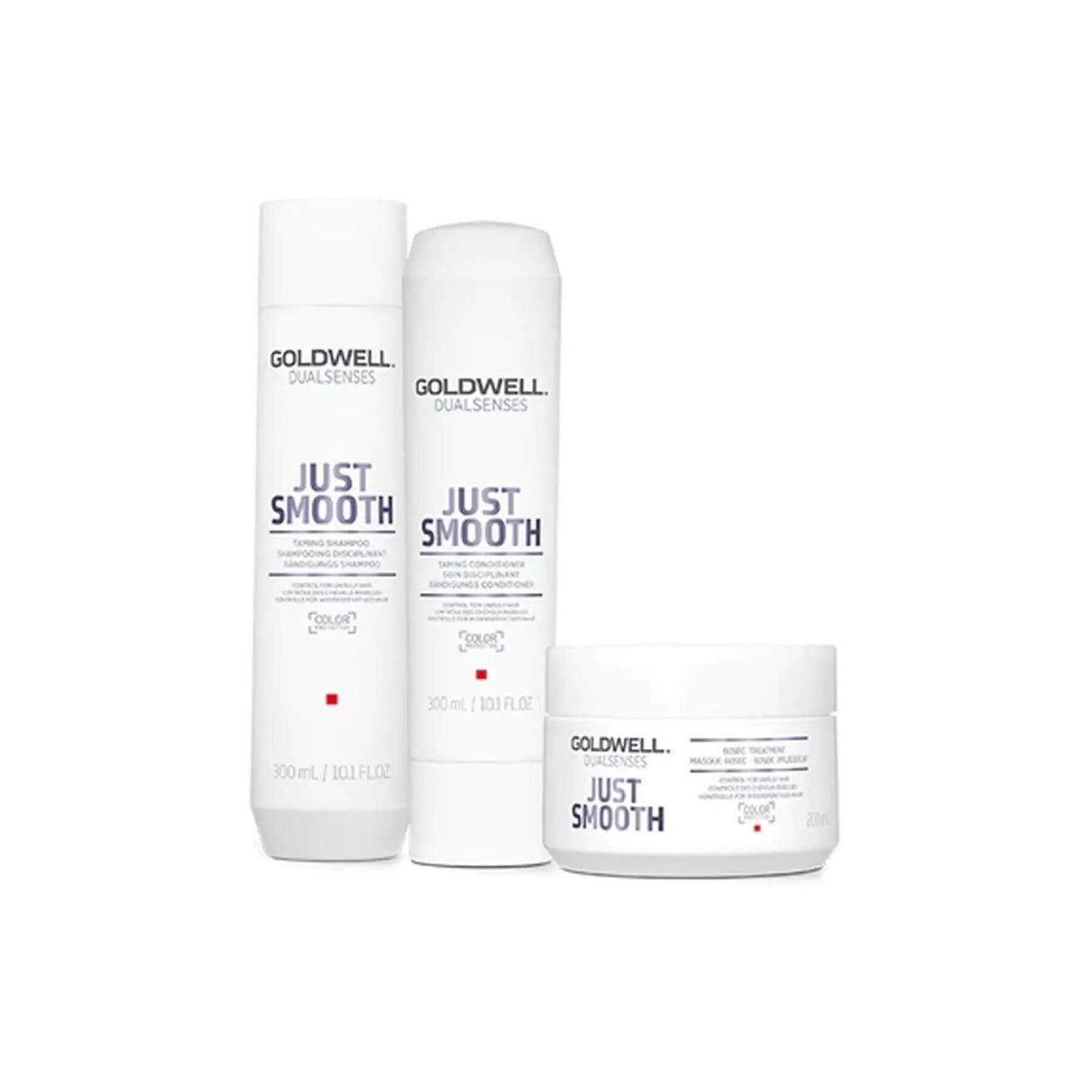 Goldwell Dualsenses Just Smooth Holiday Trio featuring Taming Shampoo, Conditioner, enriched with Kukui Nut Oil for frizz control.