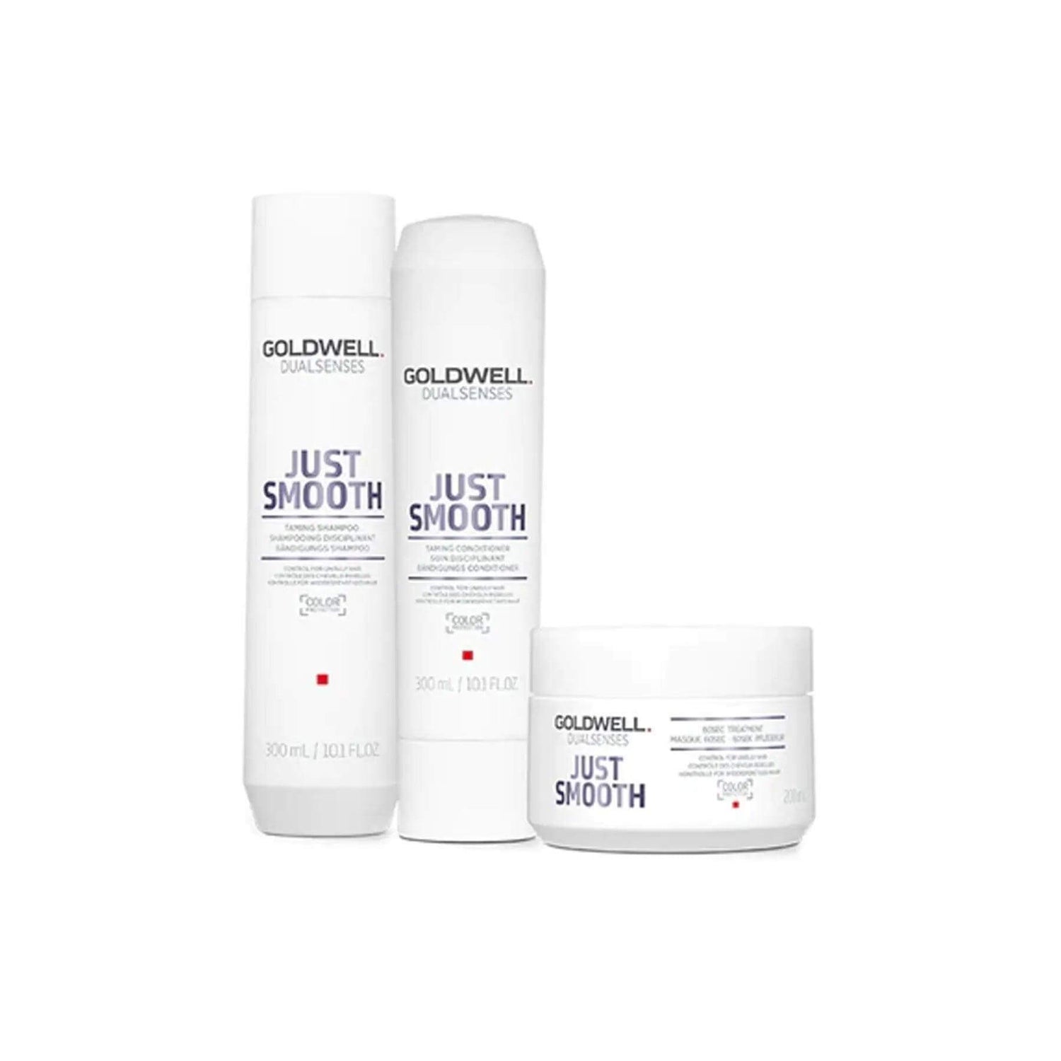 Goldwell Dualsenses Just Smooth Holiday Trio featuring Taming Shampoo, Conditioner, enriched with Kukui Nut Oil for frizz control.