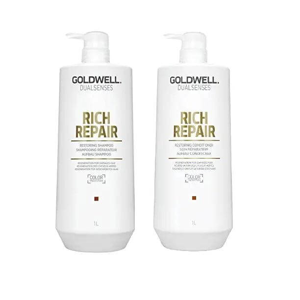 Goldwell Dualsenses Rich Repair Shampoo & Conditioner Litre Duo for dry, overprocessed hair care.