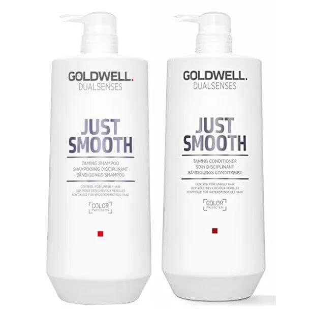 Goldwell Just Smooth Liter Duo shampoo and conditioner bottles for frizz control and color protection, salon-quality haircare.