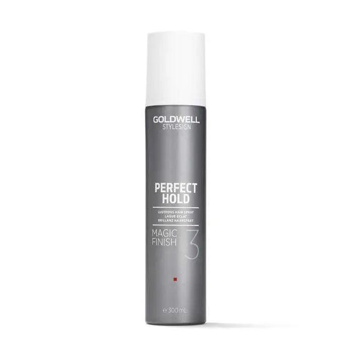Goldwell Perfect Hold Magic Finish Hairspray bottle, light to medium hold, enhances shine, guards against humidity, 300ml size.