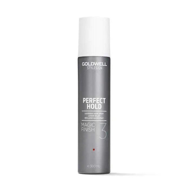 Goldwell Perfect Hold Magic Finish Hairspray bottle, light to medium hold, enhances shine, guards against humidity, 300ml size.