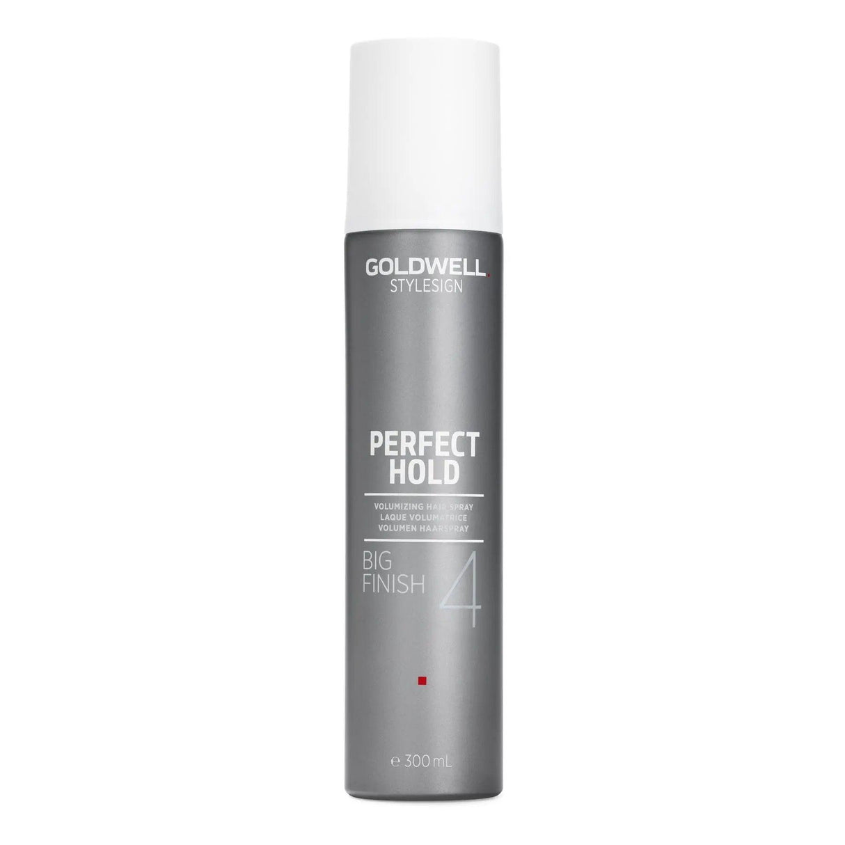 Goldwell Stylesign Perfect Hold Big Finish Volumizing Hairspray, 300ml can, provides strong hold and humidity protection for hairstyles.