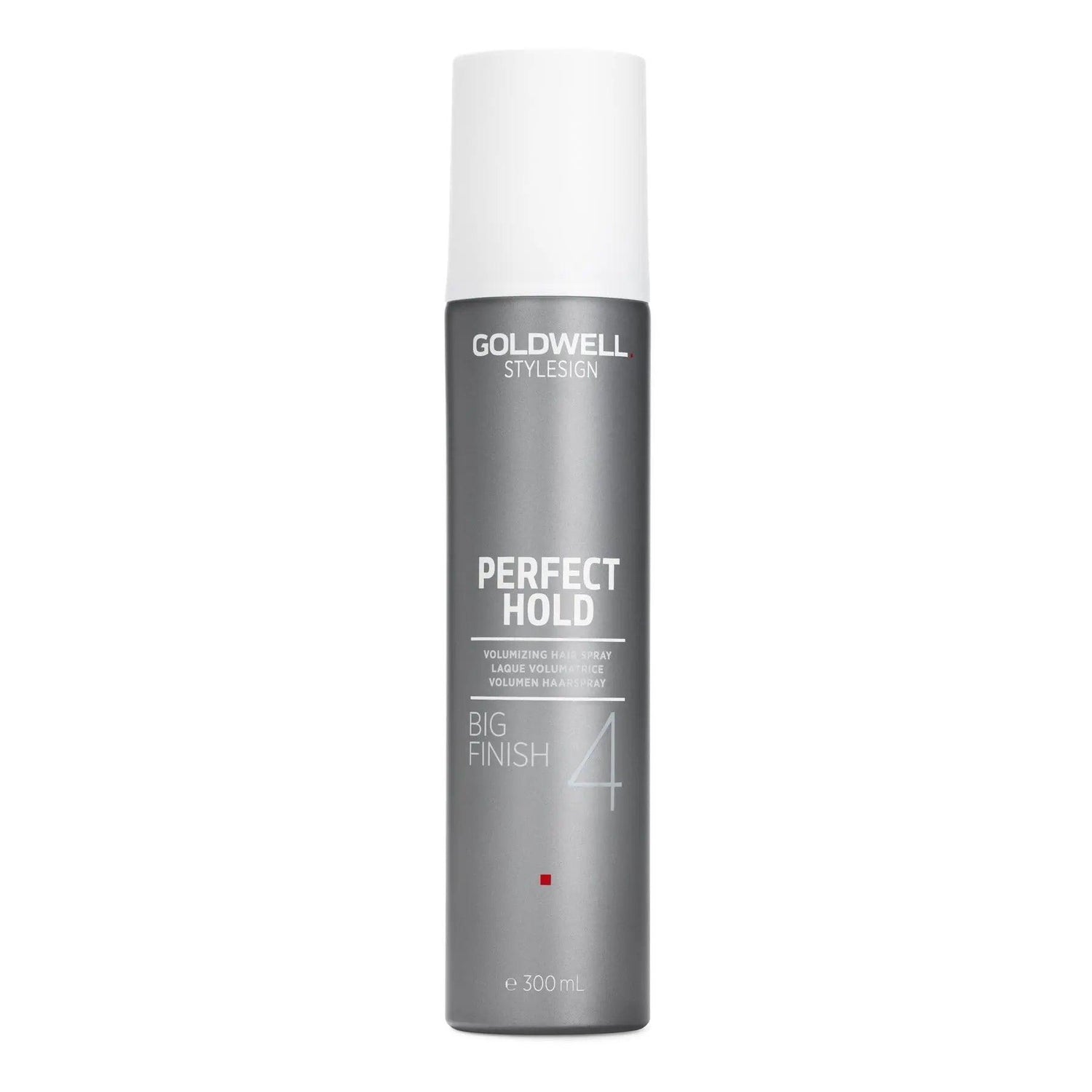 Goldwell Stylesign Perfect Hold Big Finish Volumizing Hairspray, 300ml can, provides strong hold and humidity protection for hairstyles.