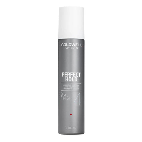 Goldwell Stylesign Perfect Hold Big Finish Volumizing Hairspray, 300ml can, provides strong hold and humidity protection for hairstyles.