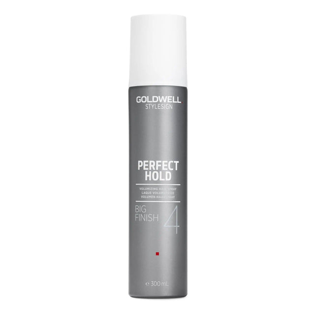 Goldwell Stylesign Perfect Hold Big Finish Volumizing Hairspray, 300ml can, provides strong hold and humidity protection for hairstyles.