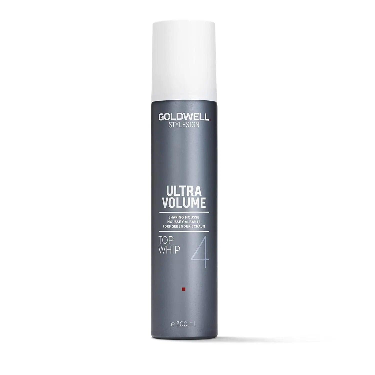 Goldwell Stylesign Ultra Volume Top Whip Shaping Mousse with strong hold and conditioning for easy blow-drying, 300ml bottle.