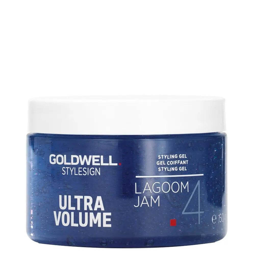 Goldwell Ultra Volume Lagoom Jam Styling Gel for strong hold and texture, 150ml jar, ideal for bold styles and volume enhancement.