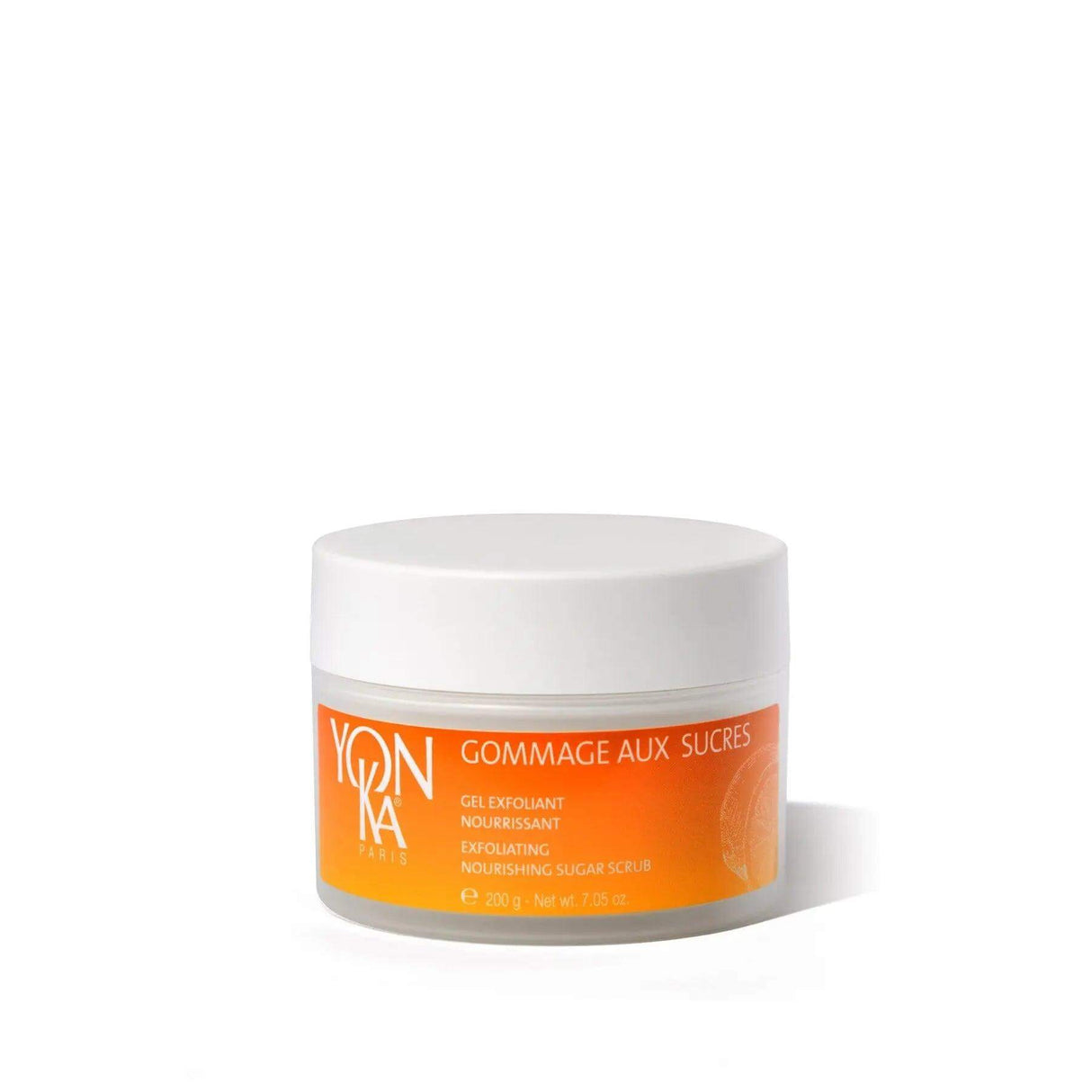 Yonka Gommage Aux Sucres Vitality sugar scrub in orange packaging, designed for smooth, radiant skin across all skin types.