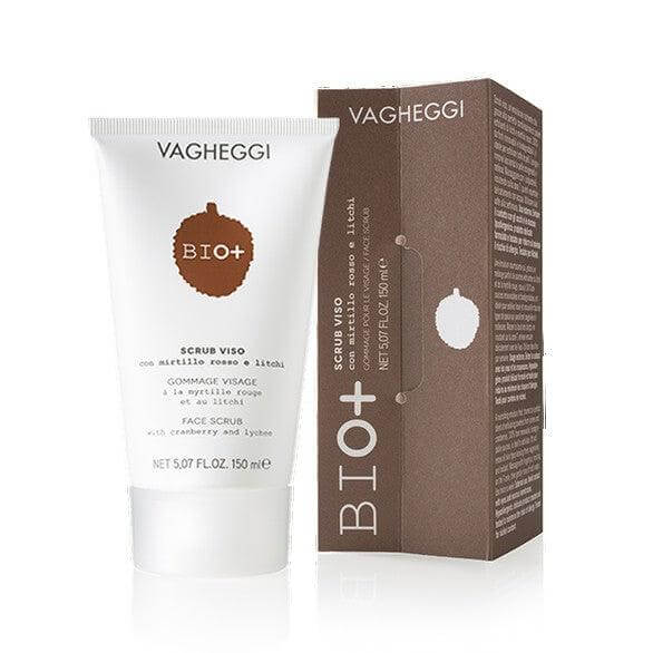 Bio+ Face Scrub tube and box featuring lychee and red blueberry exfoliating ingredients for smooth, radiant, and oxygenated skin.