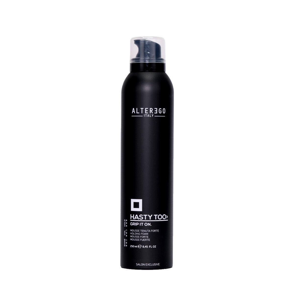 AlterEgo Grip It On Mousse bottle, enhances curl resistance, adds volume to fine hair, and restores hair elasticity.