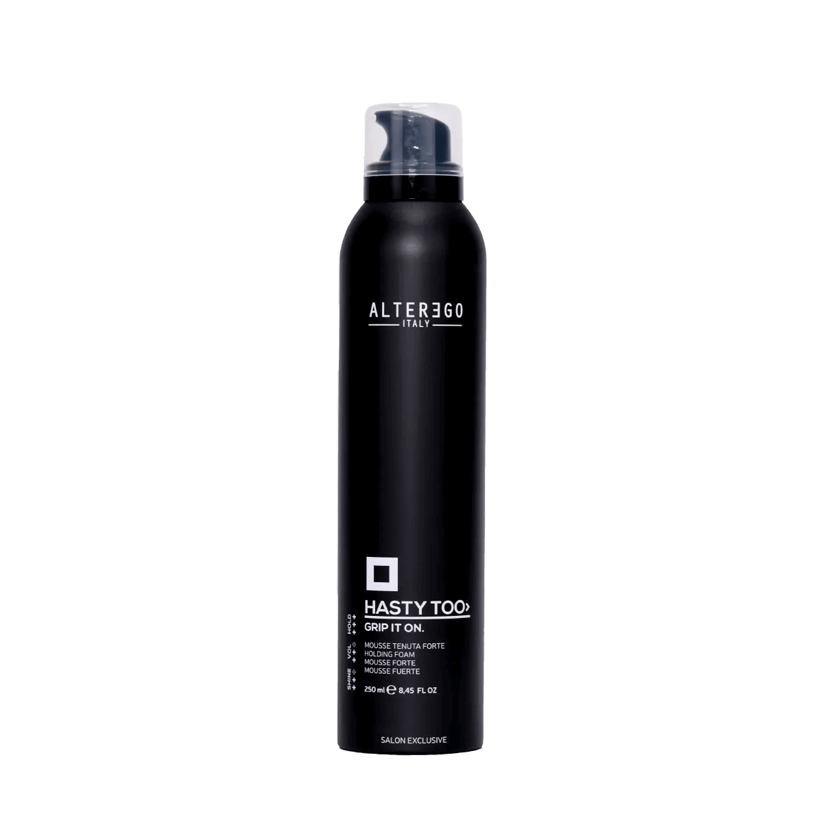 AlterEgo Grip It On Mousse for curls, volume, and body; enhances structure and manageability; 250ml bottle.