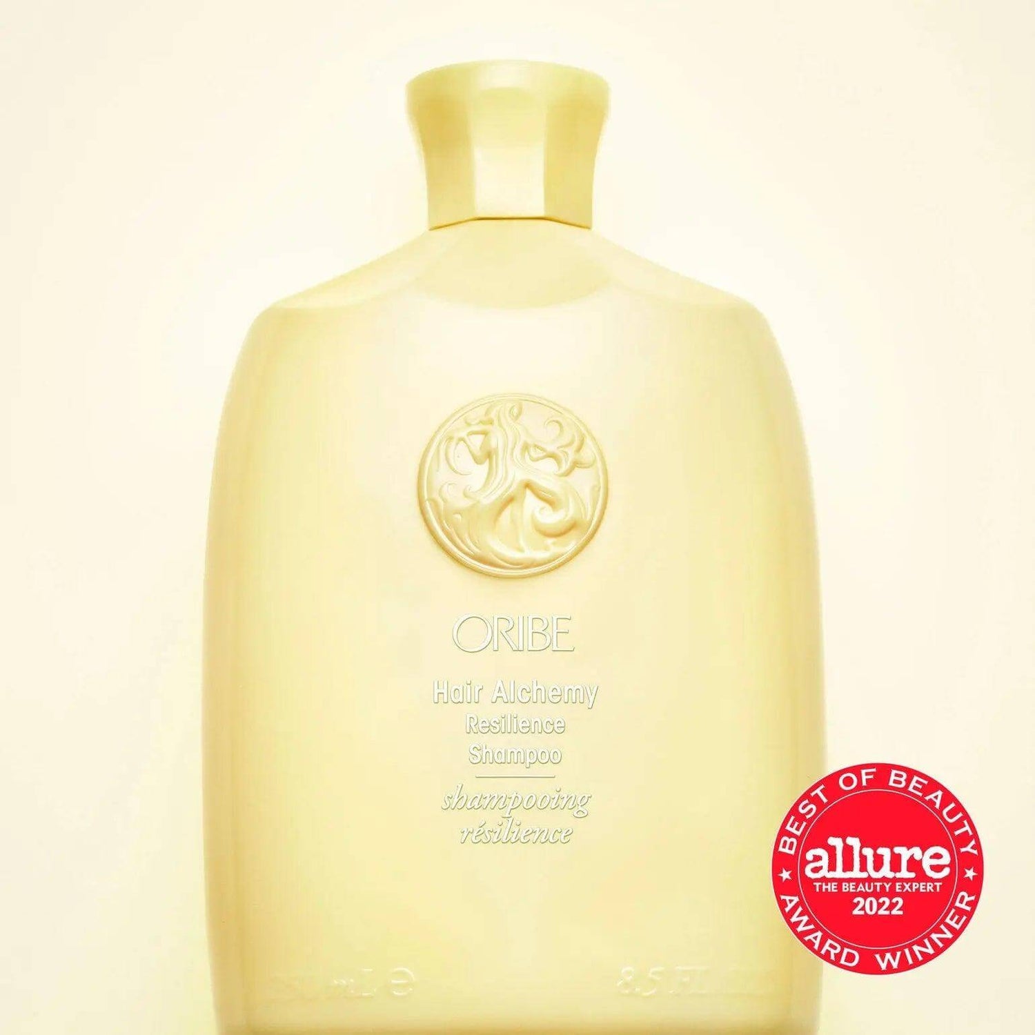 Oribe Hair Alchemy Resilience Shampoo bottle with award-winning label, nourishing and strengthening delicate hair care product.