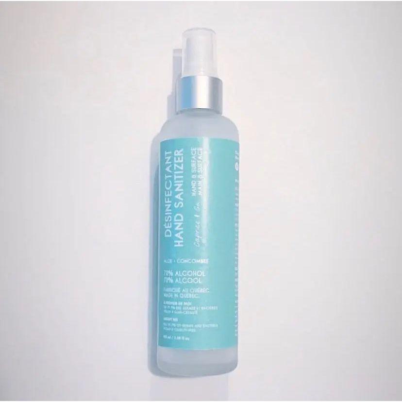 Aloe and cucumber hand sanitizer spray, 3.38 fl oz, 70% ethyl alcohol, Health Canada certified for germ elimination.