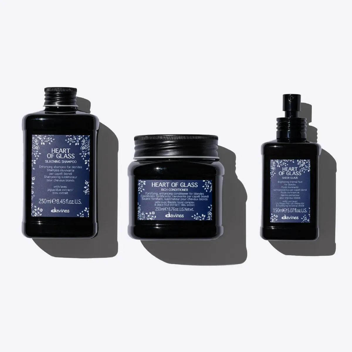 Davines Heart of Glass Set with Silkening Shampoo, Rich Conditioner, Sheer Glaze for luxurious, radiant hair care.