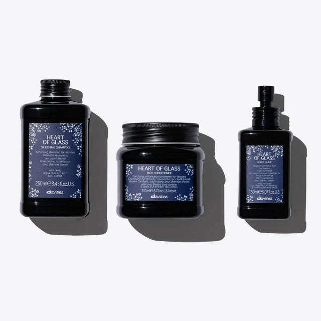 Davines Heart of Glass Set with Silkening Shampoo, Rich Conditioner, Sheer Glaze for luxurious, radiant hair care.