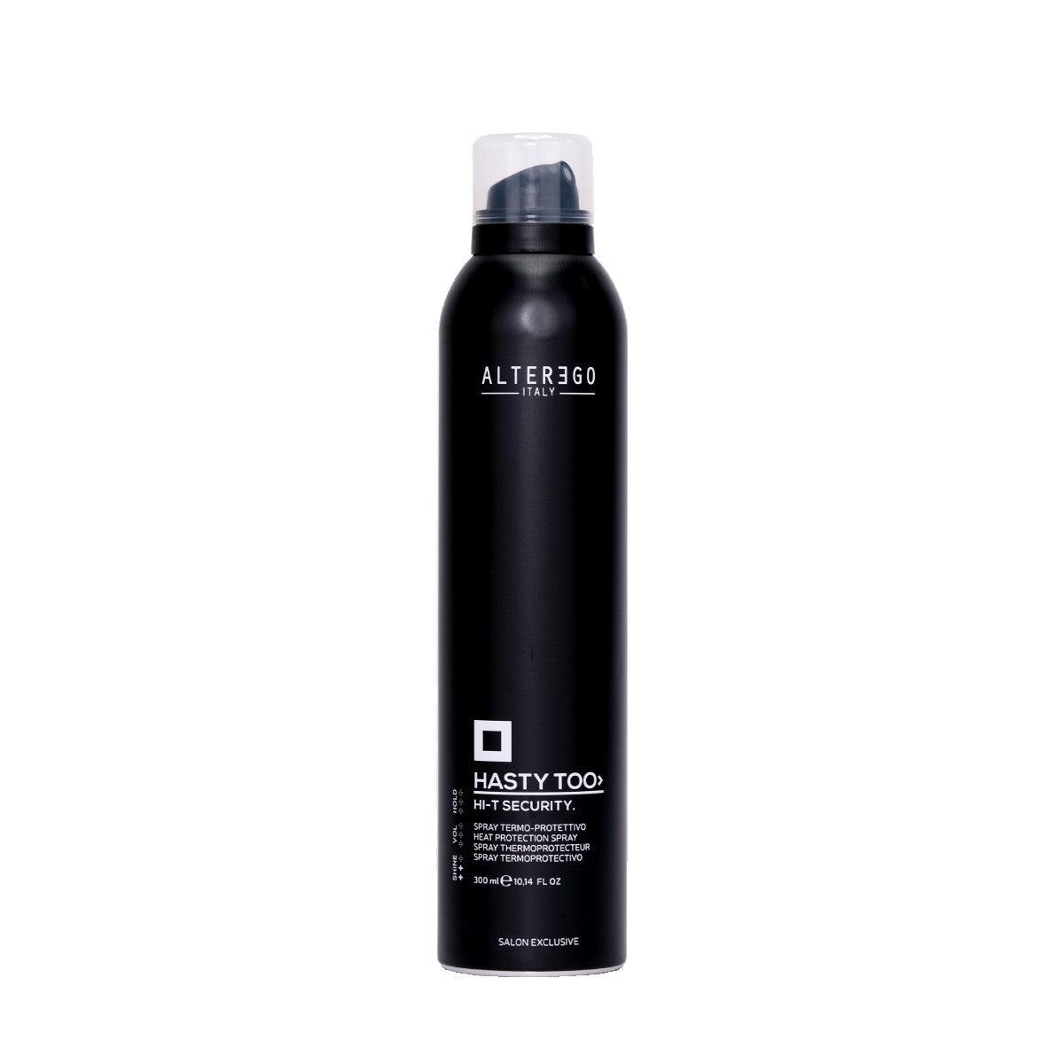 Hi-t Security hair spray with anti-frizz and heat protection for all hair types in a sleek black bottle.