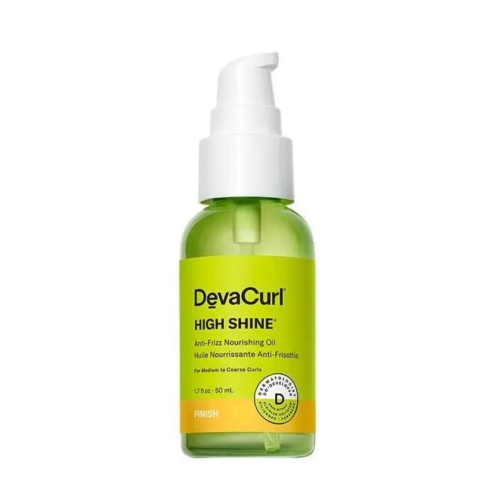 DEVACURL High Shine Anti-Frizz Nourishing Oil bottle with pump dispenser, offering UV protection and curl flexibility.