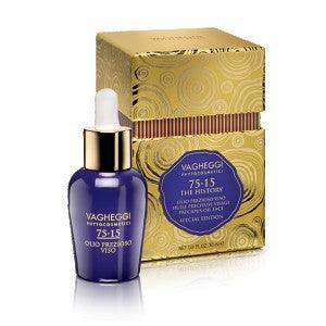 75-15 Precious Oil Face with elegant packaging, featuring rejuvenating formula for younger-looking skin and reduced wrinkles.