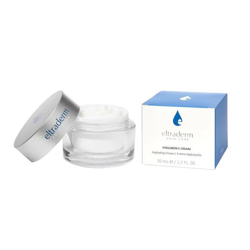 Hyaluron E Cream with Hyaluronic Acid and Vitamin E for hydration and skin moisture in a 50ml jar and box package.