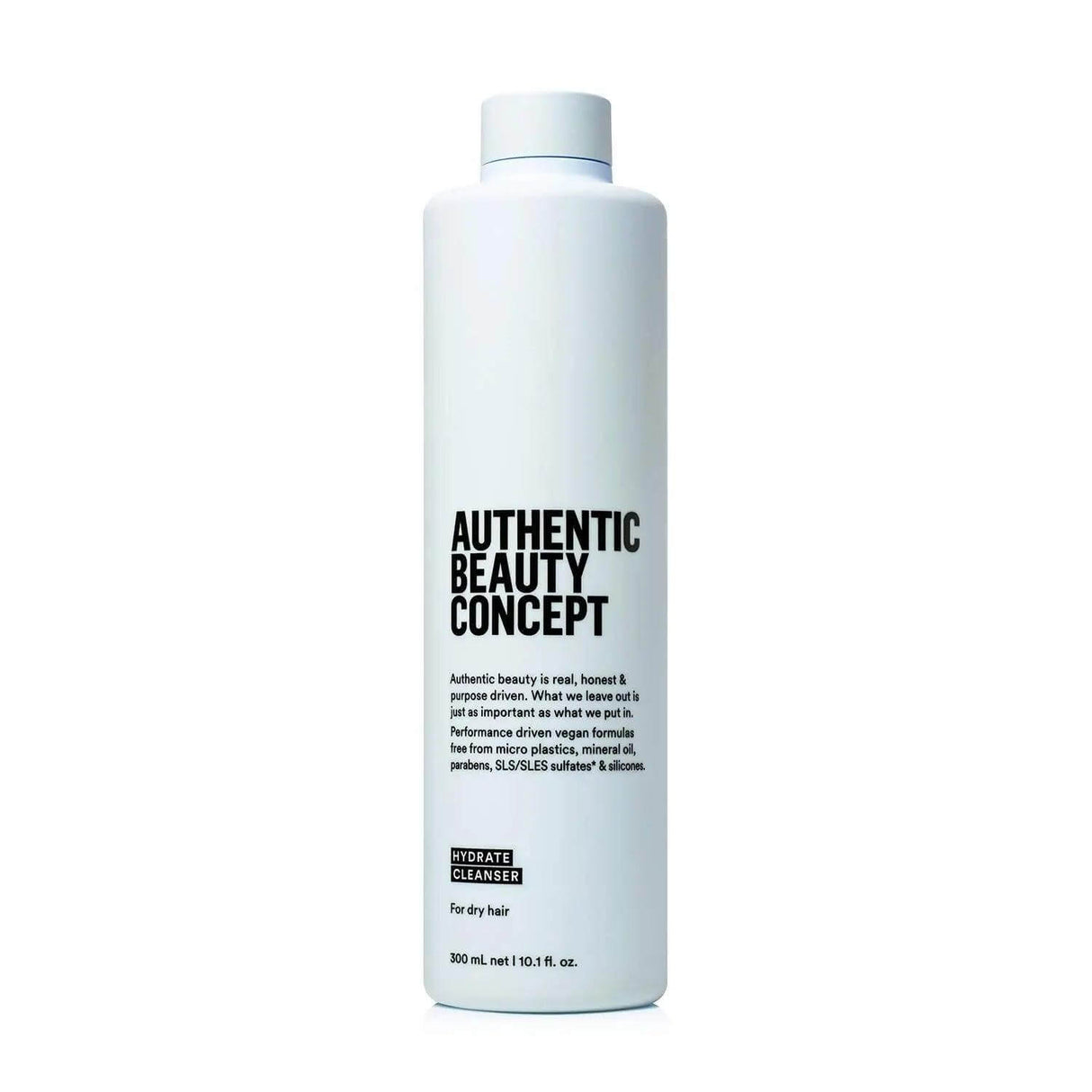 Alt Tag: Authentic Beauty Concept Hydrate Cleanser bottle for dry hair, vegan and cruelty-free formula, 300ml.