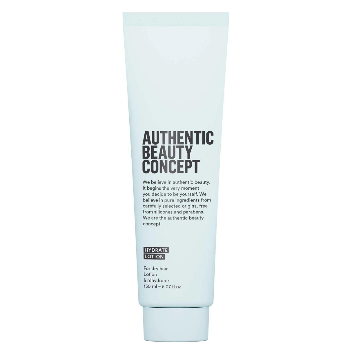 Authentic Beauty Concept Hydrate Lotion for dry hair, vegan and cruelty-free, offers frizz control and blow-dry protection.