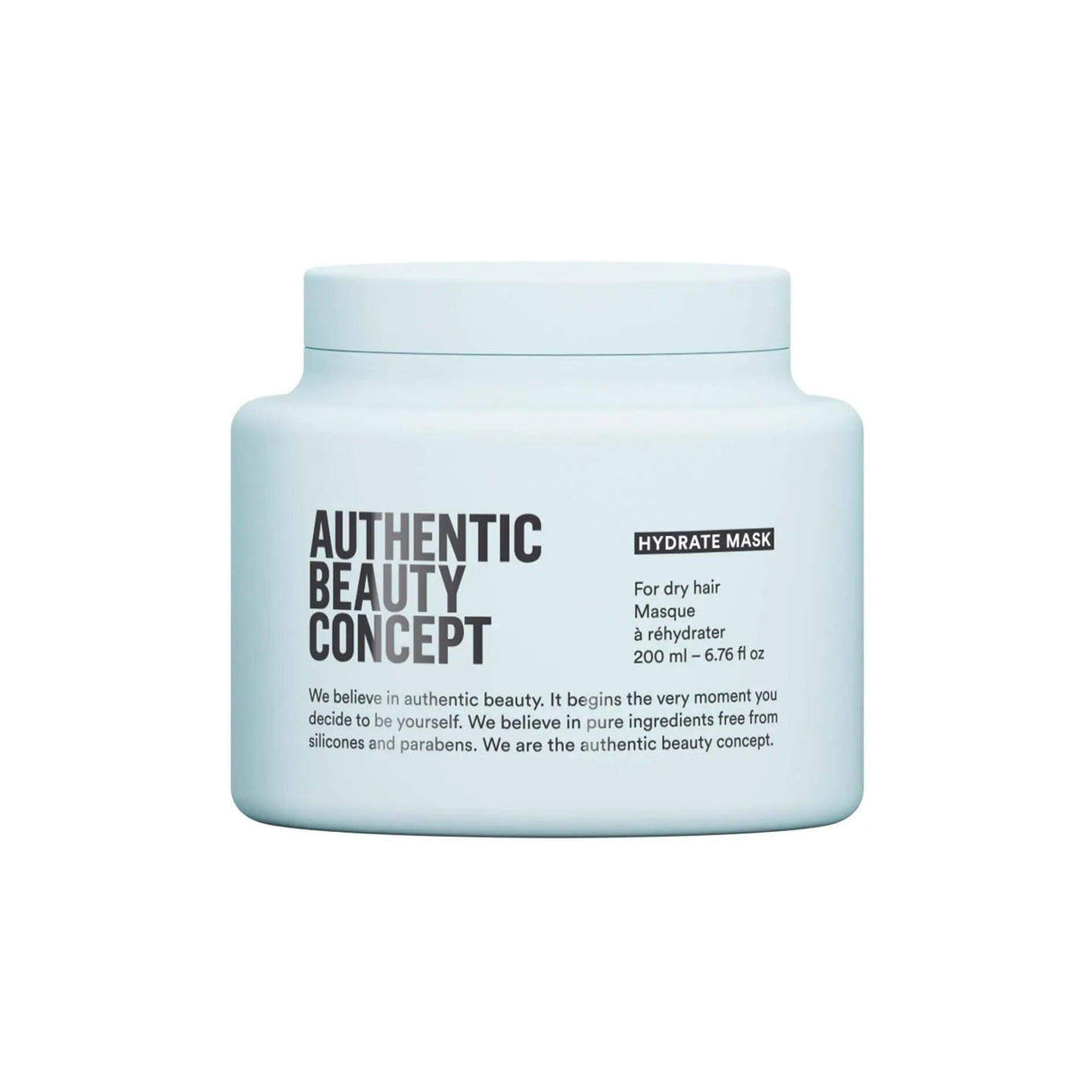 Authentic Beauty Concept Hydrate Mask for dry hair in 200ml jar, vegan and cruelty-free formula for restoring moisture and shine.