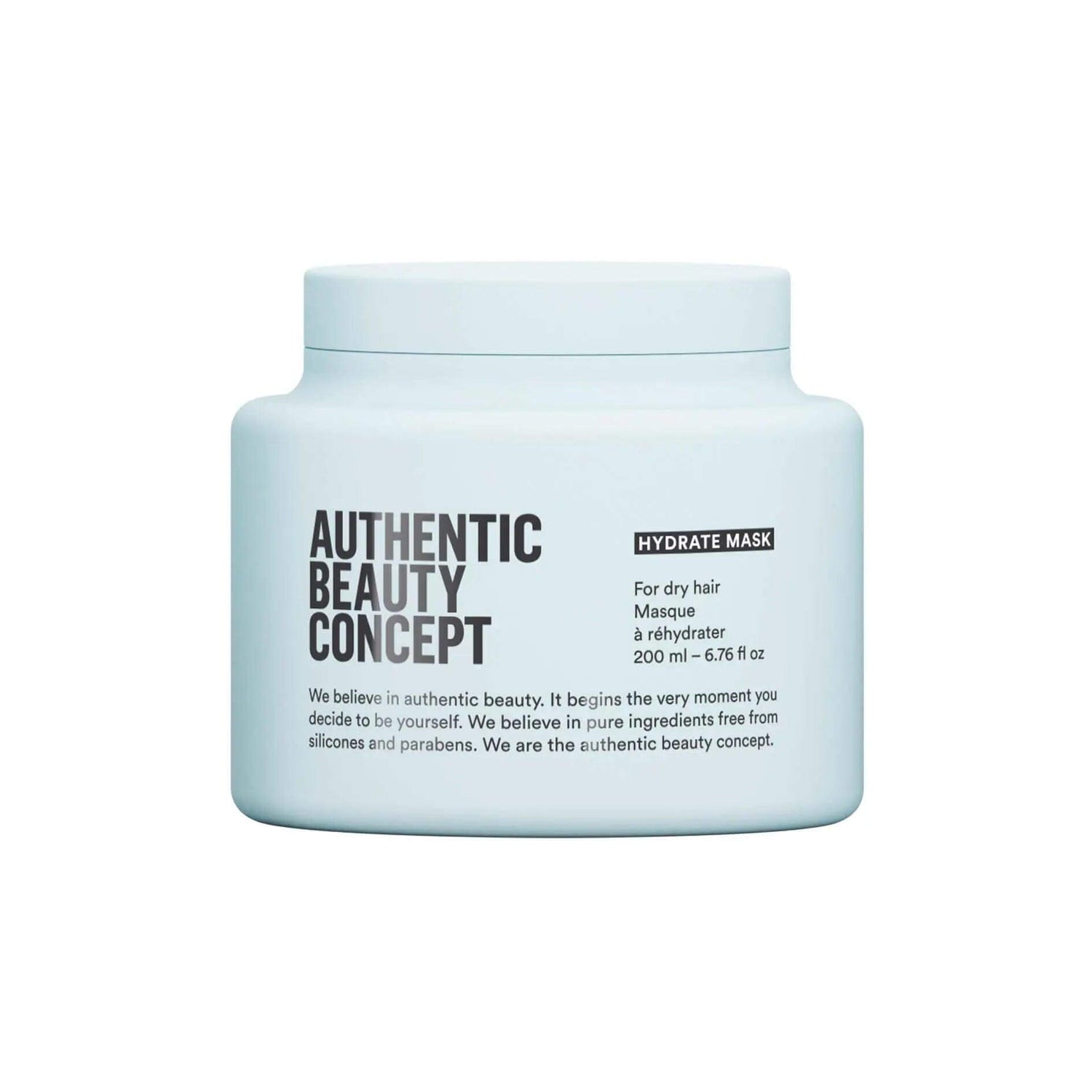 Authentic Beauty Concept Hydrate Mask for dry hair in 200ml jar, vegan and cruelty-free formula for restoring moisture and shine.