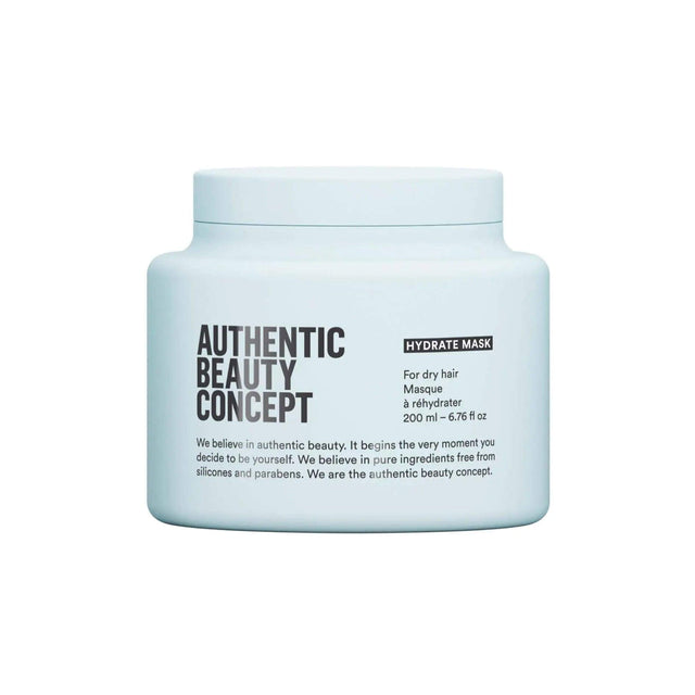 Authentic Beauty Concept Hydrate Mask for dry hair in 200ml jar, vegan and cruelty-free formula for restoring moisture and shine.