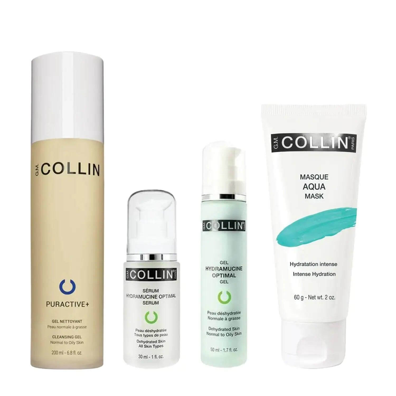 Hydrating skincare bundle for normal and combination skin, featuring cleanser, serum, gel, and mask by G.M. Collin.