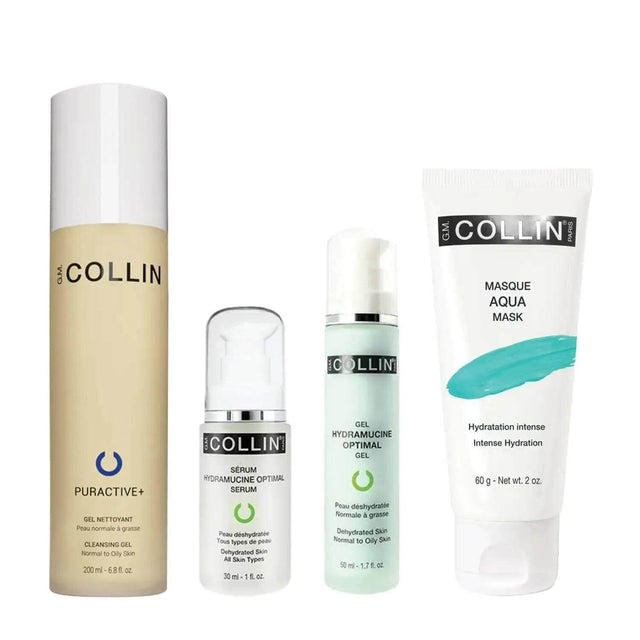 Hydrating skincare bundle for normal and combination skin, featuring cleanser, serum, gel, and mask by G.M. Collin.