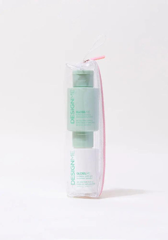 Travel-size GLOSS.ME hydrating shampoo and conditioner ornament set, ideal for soft, shiny hair.